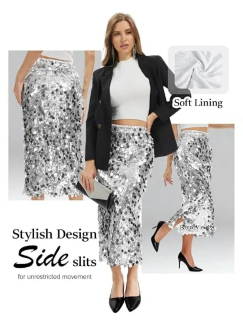 Sequin Midi Skirt High Waist Elastic Side Slit Stretchy Sparkle Skirt Night Out